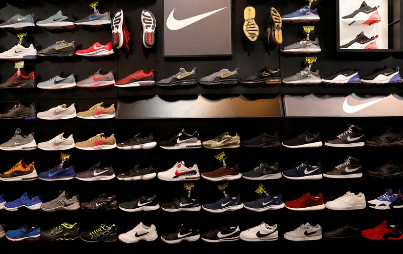 FILE PHOTO: Nike shoes are seen displayed at a sporting goods store in New York City, New York, U.S., May 14, 2019. REUTERS/Mike Segar//File Photo