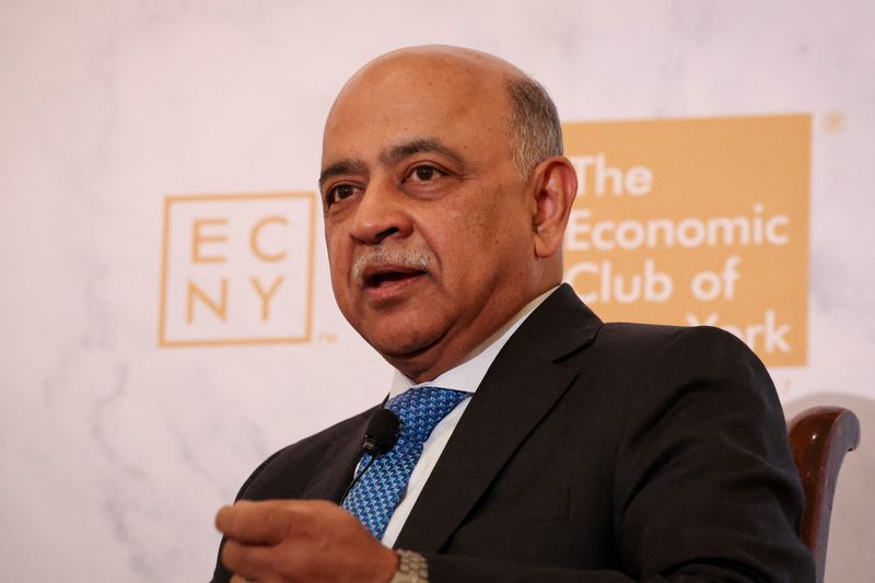 FILE PHOTO: Arvind Krishna, CEO of IBM, speaks during a meeting of the Economic Club of New York in New York City, U.S., October 21, 2024. REUTERS/Brendan McDermid/File Photo
