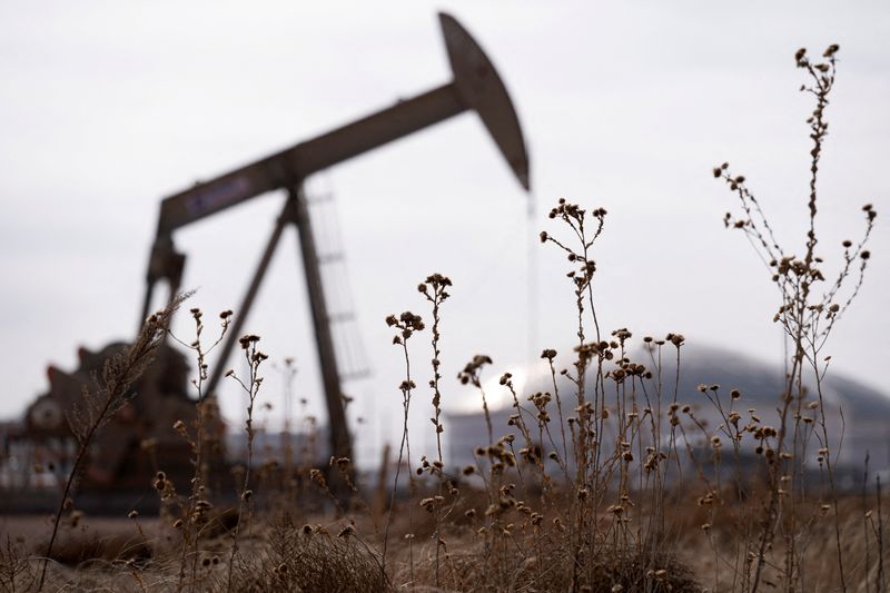FILE PHOTO: A pump jack operates near a crude oil reserve in the Permian Basin oil field near Midland, Texas, U.S. February 18, 2025.  REUTERS/Eli Hartman/File Photo