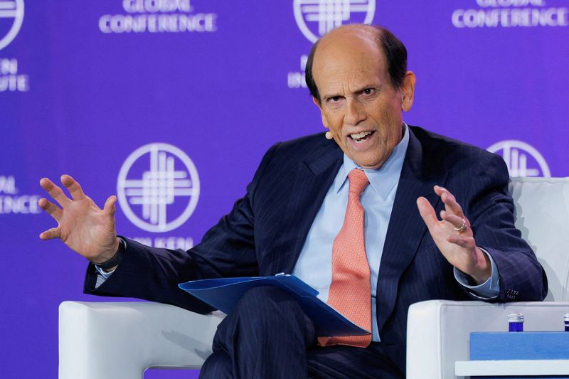 Chairman of the Milken Institute Michael Milken interviews founder and CEO at Nvidia Jensen Huang (not pictured) during the Milken Institute Global Conference 2025 in Beverly Hills, California, U.S., May 6, 2025. REUTERS/Mike Blake