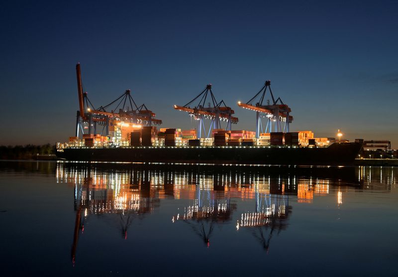 FILE PHOTO: A container ship is seen at the loading terminal "Altenwerder" in the port of Hamburg, Germany, February 17, 2025. REUTERS/Fabian Bimmer/File Photo