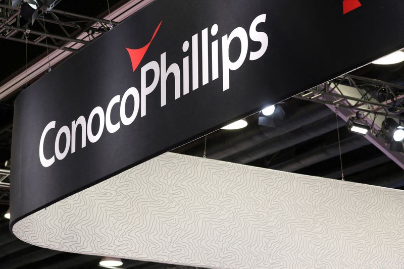 FILE PHOTO: The logo of American oil and natural gas exploration and production company ConocoPhillips is seen during the LNG 2023 energy trade show in Vancouver, British Columbia, Canada, July 12, 2023. REUTERS/Chris Helgren/File Photo