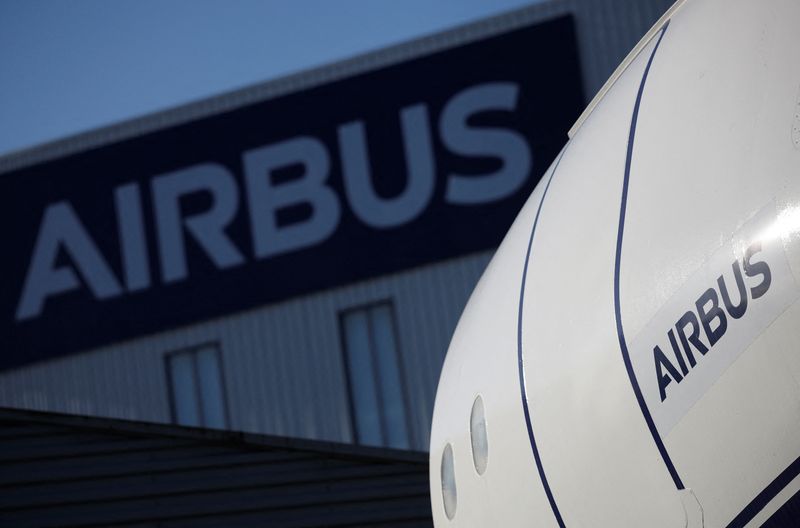 FILE PHOTO: The logo of Airbus is pictured outside the Airbus facility in Saint-Nazaire, France, November 7, 2023. REUTERS/Stephane Mahe/File Photo