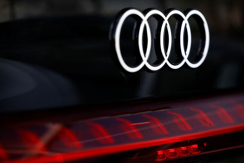 FILE PHOTO: A logo of Audi is seen outside a car dealer in Nijmegen, Netherlands February 26, 2025. REUTERS/Piroschka van de Wouw/File photo