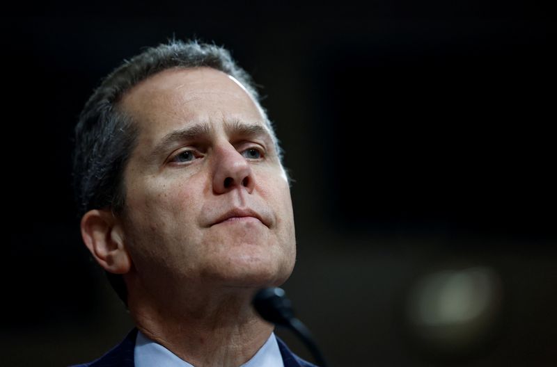 FILE PHOTO: Federal Reserve Board Vice Chair for Supervision, Michael Barr, testifies before a Senate Banking, Housing, and Urban Affairs Committee hearing on Capitol Hill in Washington, U.S., May 18, 2023. REUTERS/Evelyn Hockstein/File photo
