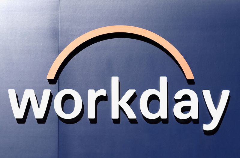 FILE PHOTO: The logo of Worday is seen at the entrance of the company's temporary stand ahead of the World Economic Forum (WEF) in Davos, Switzerland January 18, 2025. REUTERS/Yves Herman/File Photo