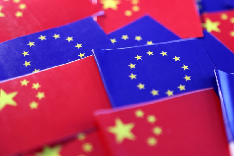 FILE PHOTO: EU and Chinese flags are seen in this illustration taken, March 20, 2025. REUTERS/Dado Ruvic/Illustration/File photo