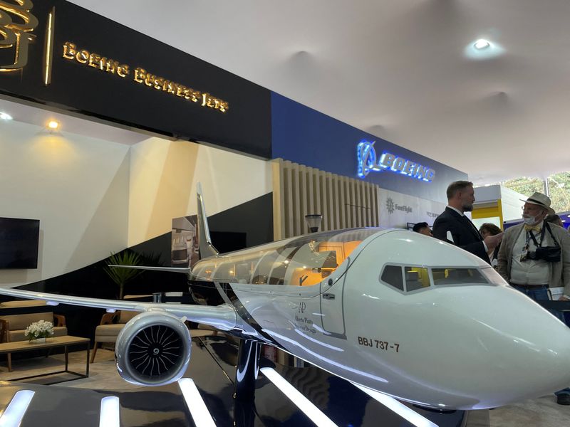 FILE PHOTO: A model of a Boeing Business jet is seen at the LABACE air show in Sao Paulo, Brazil August 9, 2023.  REUTERS/Gabriel Araujo/File photo