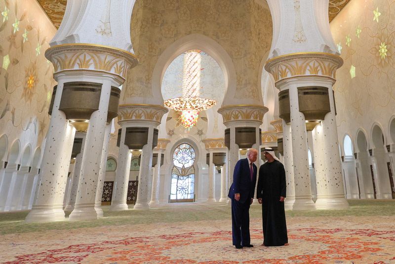 U.S. President Donald Trump tours the Sheikh Zayed Grand Mosque with Crown Prince Sheikh Khaled bin Mohamed Al Nahyan during a visit to Abu Dhabi, United Arab Emirates, May 15, 2025. REUTERS/Brian Snyder