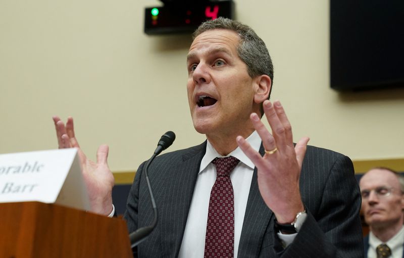 FILE PHOTO: Federal Reserve Board Vice Chair for Supervision Michael Barr testifies before a House Financial Services Committee hearing on the response to the recent bank failures of Silicon Valley Bank and Signature Bank, on Capitol Hill in Washington, U.S., March 29, 2023.  REUTERS/Kevin Lamarque/File Photo