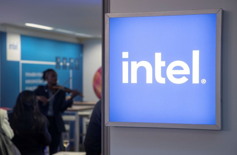 FILE PHOTO: The Intel Corporation logo is seen at a temporary office during the World Economic Forum 2022 (WEF) in the Alpine resort of Davos, Switzerland May 25, 2022. REUTERS/Arnd Wiegmann/File photo