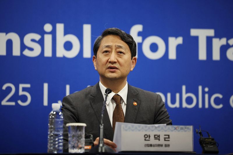 South Korea's Industry Minister Ahn Duk-geun speaks during a press conference of "APEC Ministers Responsible for Trade Meeting" at International Convention Center in Seogwipo on Jeju island, South Korea, May 16, 2025.    REUTERS/Kim Hong-Ji