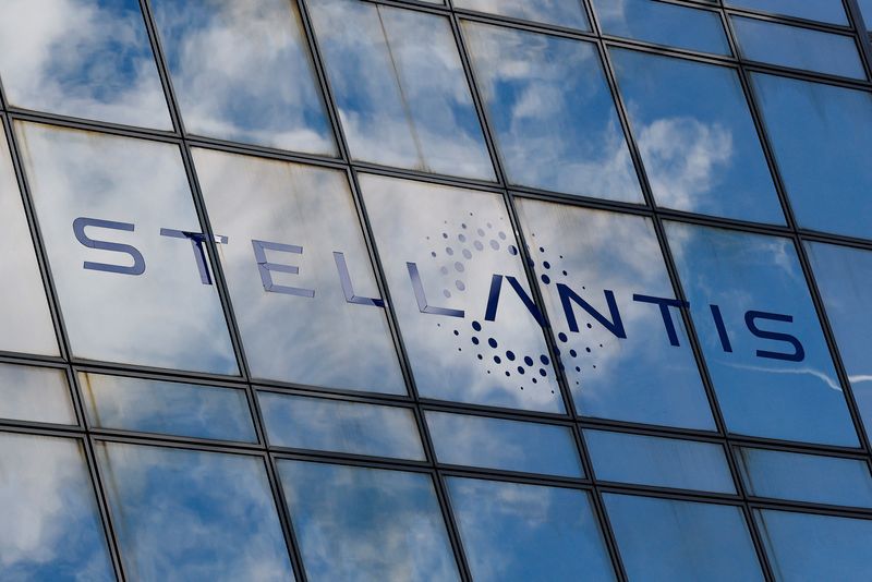The logo of Stellantis sits on the company’s building in Poissy