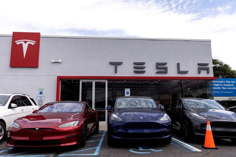 FILE PHOTO: Tesla electric vehicles are parked in a Tesla dealer in Paramus, New Jersey, U.S.