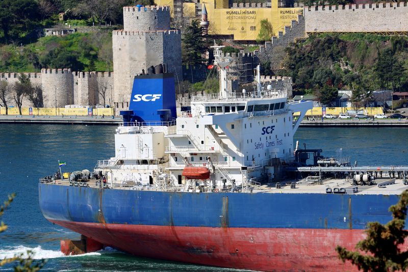FILE PHOTO: Crude oil tanker SCF Surgut, owned by Russia’s leading tanker group Sovcomflot, transits Istanbul’s Bosphorus, Turkey