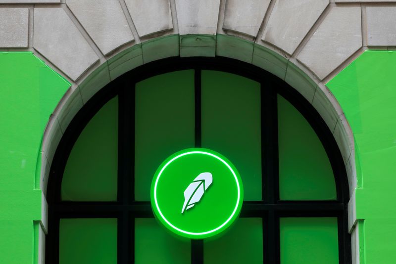The logo of Robinhood Markets, Inc. is seen at a pop-up event on Wall Street after the company’s IPO in New York City