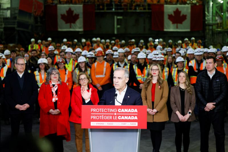 Canada's Prime Minister Mark Carney speaks during his visit to the Irving Shipyard as part of his Liberal Party election campaign tour in Halifax, Nova Scotia, Canada March 25, 2025. REUTERS/Blair Gable