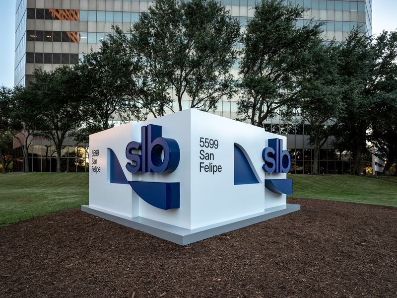 FILE PHOTO: The entrance to oilfield service provider SLB's office in Houston, Texas, showing the former Schlumberger's name and logo, is seen in this handout image taken June 2023. Courtesy of SLB/Handout via REUTERS/File Photo