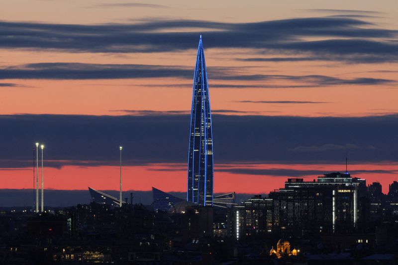 A view shows the Lakhta Centre business tower, which is the headquarters of Russia's largest gas producer Gazprom, during sunset in Saint Petersburg, Russia March 14, 2025.  REUTERS/Anton Vaganov/File Photo