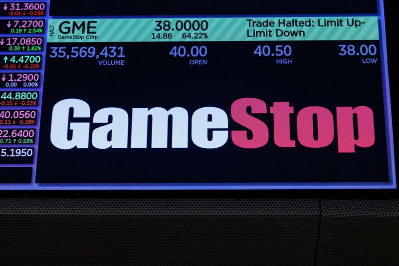 FILE PHOTO: A screen displays GameStop stock trading information on the floor at the New York Stock Exchange (NYSE) in New York City, U.S., June 3, 2024.  REUTERS/Brendan McDermid/File Photo