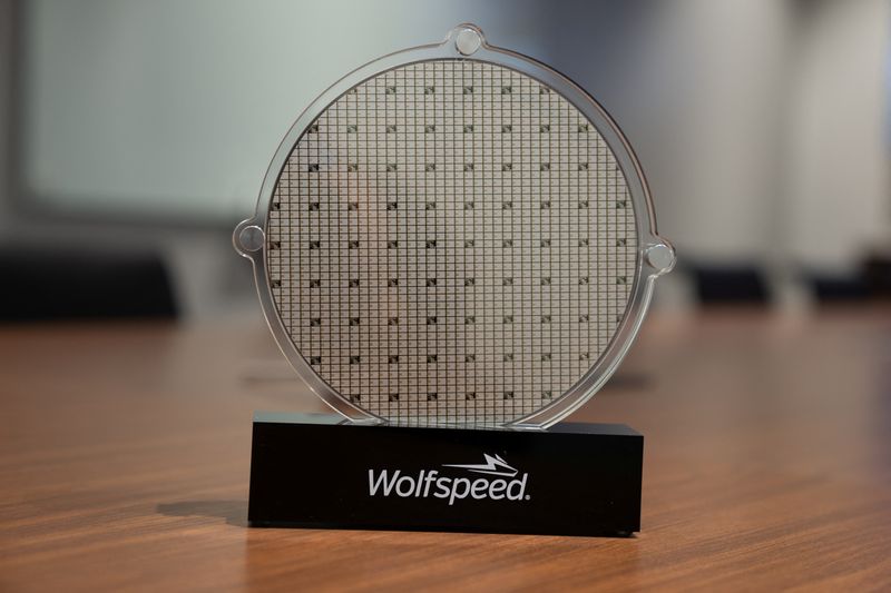 U.S. power chip maker Wolfspeed’s silicon carbide 200mm wafer is seen on display at Wolfspeed’s Mohawk Valley Fab in Marcy, New York, U.S., April 2022.Courtesy of Wolfspeed/Handout via REUTERS/File Photo