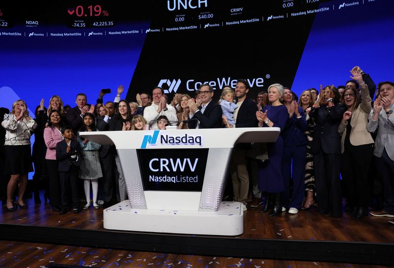 Michael Intrator, Founder & CEO of CoreWeave, Inc., Nvidia-backed cloud services provider, reacts during the company's IPO at the Nasdaq Market, in New York City, U.S., March 28, 2025. REUTERS/Brendan McDermid