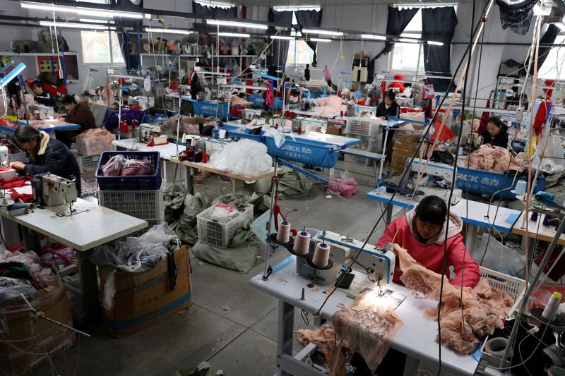 FILE PHOTO: Employees work with sewing machines on the production line of the Midnight Charm Garment lingerie factory in Guanyun county of Lianyungang, Jiangsu province, China November 25, 2024. REUTERS/Florence Lo/File Photo