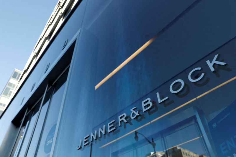 FILE PHOTO: Signage is seen outside of the law firm Jenner & Block LLP in Washington, D.C., U.S., August 30, 2020. REUTERS/Andrew Kelly/File Photo