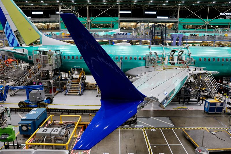 FILE PHOTO: A Boeing 737 MAX aircraft is assembled at the company's plant in Renton, Washington, U.S. June 25, 2024. Jennifer Buchanan/Pool via REUTERS/File Photo