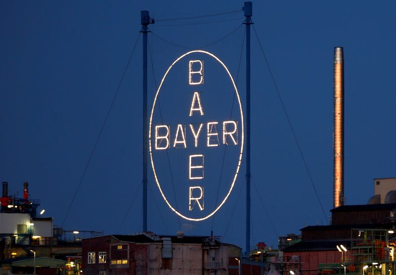 FILE PHOTO: A logo of Bayer AG is pictured at the so called 'Chempark', the main plant and headquarters of German pharmaceutical and chemical maker Bayer AG in Leverkusen, Germany, July 3, 2019. REUTERS/Thilo Schmuelgen/File Photo