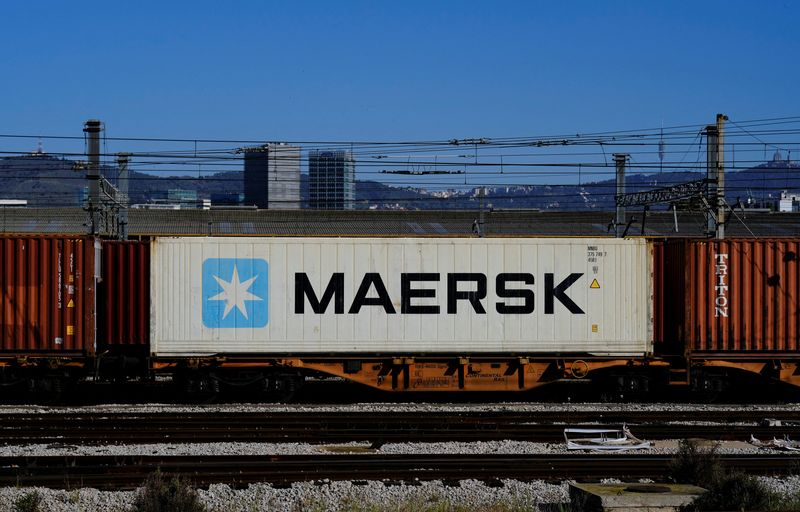 FILE PHOTO: Maersk container is transported by a train near a port of Barcelona, Spain April 26, 2024. REUTERS/Nacho Doce/File Photo