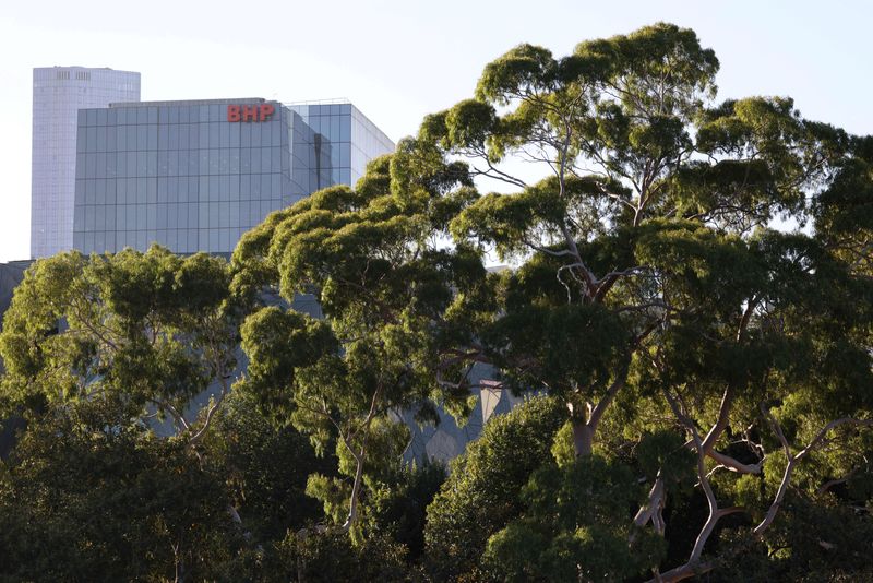 FILE PHOTO: A view shows the BHP Limited logo at their headquarters in Melbourne, Australia, March 24, 2025. REUTERS/Hollie Adams/File Photo
