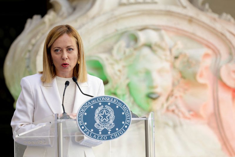 Italian Prime Minister Giorgia Meloni speaks as she attends the "master of the art of Italian cuisine award" ceremony at Palazzo Chigi, in Rome, Italy, April 2, 2025. REUTERS/Remo Casilli