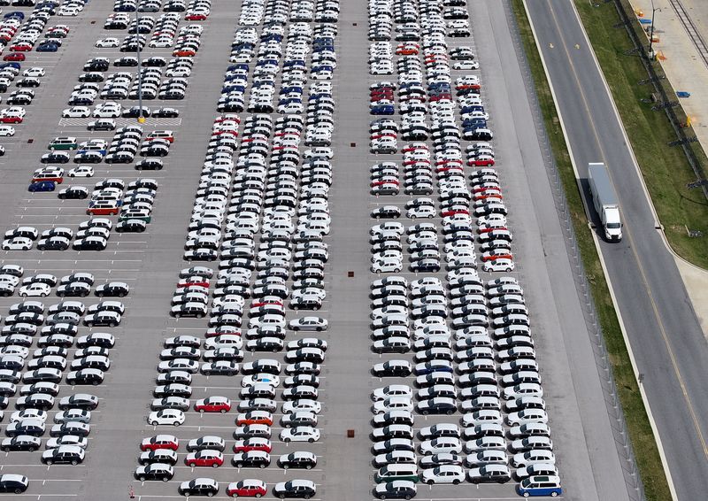 A drone view shows Volkswagen vehicles at Volkswagen Group of America,  on the day U.S. President Donald Trump is set to announce new tariffs, in Edgemere, near Baltimore, Maryland, U.S., April 2, 2025. REUTERS/Evelyn Hockstein