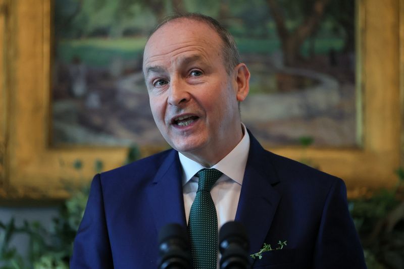 FILE PHOTO: Irish Taoiseach (Prime Minister) Micheal Martin delivers remarks during his visit at U.S. Vice President JD Vance's residence for breakfast, ahead of St. Patrick's Day, in Washington, D.C., U.S., March 12, 2025. REUTERS/Leah Millis/File Photo