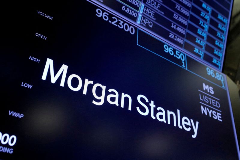 FILE PHOTO: FILE PHOTO: The logo for Morgan Stanley is seen on the trading floor at the New York Stock Exchange (NYSE) in Manhattan, New York City, U.S., August 3, 2021.