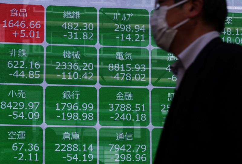 A man walks past a screen displaying the bank and financial sector indexes outside a brokerage in Tokyo, Japan April 4, 2025. REUTERS/Kim Kyung-Hoon