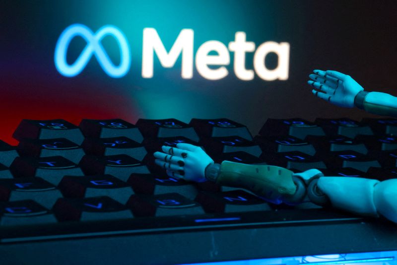 FILE PHOTO: The Meta logo, a keyboard, and robot hands are seen in this illustration taken January 27, 2025. REUTERS/Dado Ruvic/Illustration/File Photo