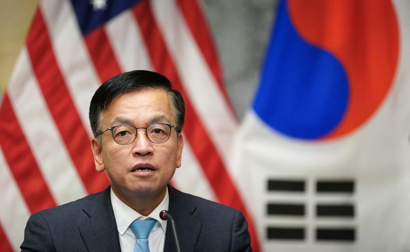 FILE PHOTO: Korean Finance Minister Choi Sang-mok speaks during a trilateral meeting with U.S. Treasury Secretary Janet Yellen and Japanese Finance Minister Shunichi Suzuki on the sidelines of the IMF/G20 meetings, at the U.S. Treasury in Washington, U.S., April 17, 2024.  REUTERS/Kevin Lamarque/File Photo