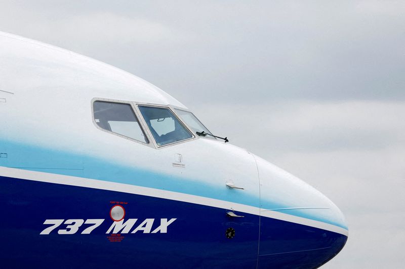 FILE PHOTO: The Boeing 737 MAX aircraft is displayed at the Farnborough International Airshow, in Farnborough, Britain, July 20, 2022.  REUTERS/Peter Cziborra/File Photo