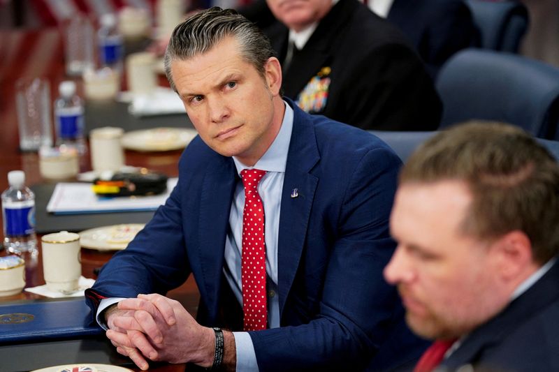 FILE PHOTO: U.S. Secretary of Defense Hegseth meets Britain’s Defence Secretary Healey at the Pentagon in Washington, D.C.