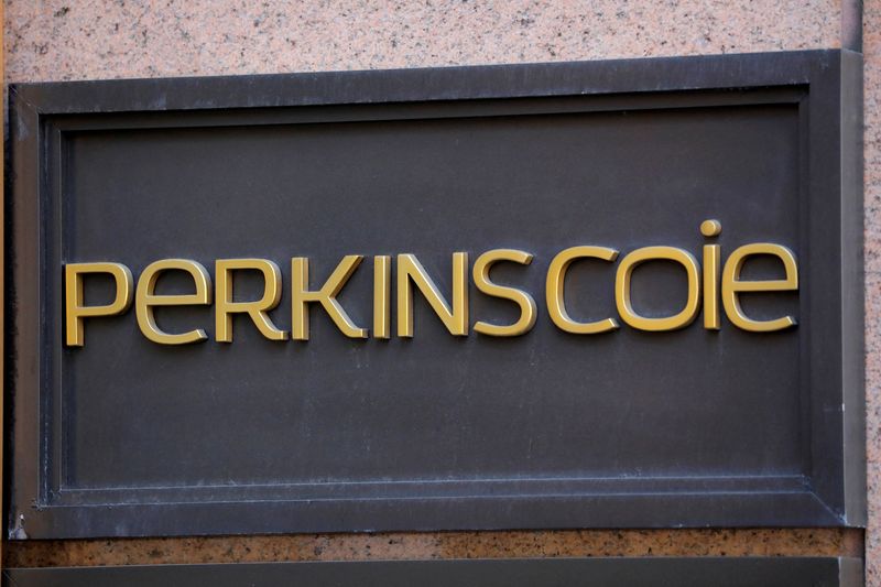 FILE PHOTO: Signage is seen outside of the law firm Perkins Coie at their legal offices in Washington, D.C.