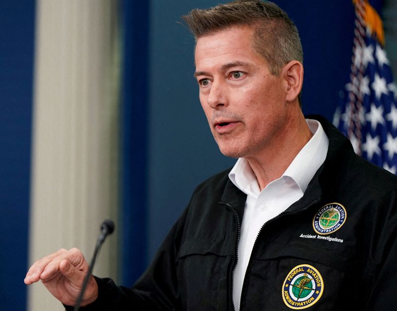 FILE PHOTO: U.S. Transportation Secretary Sean Duffy speaks to reporters
