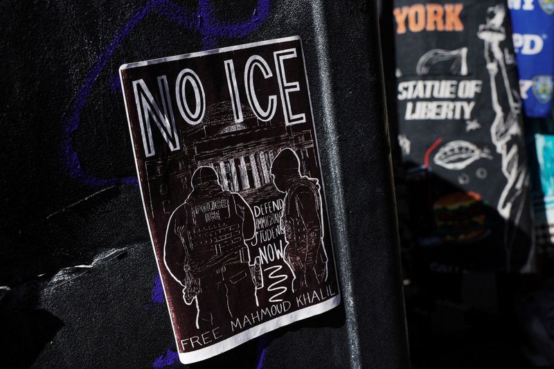 FILE PHOTO: A sticker supporting Columbia University student Mahmoud Khalil is seen on a light post in the Chinatown neighborhood of New York City, U.S., March 19, 2025. REUTERS/Shannon Stapleton/File Photo