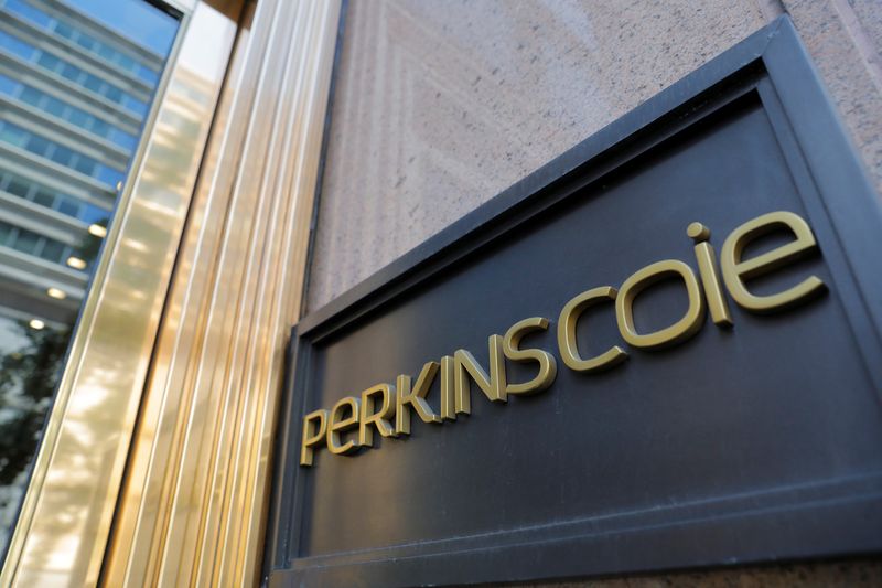 FILE PHOTO: Signage is seen outside of the law firm Perkins Coie at their legal offices in Washington, D.C., U.S., May 10, 2021. REUTERS/Andrew Kelly/File Photo