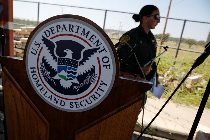 FILE PHOTO: The seal of the U.S. Department of Homeland Security is seen in Del Rio, Texas, U.S., September 19, 2021. REUTERS/Marco Bello/File Photo