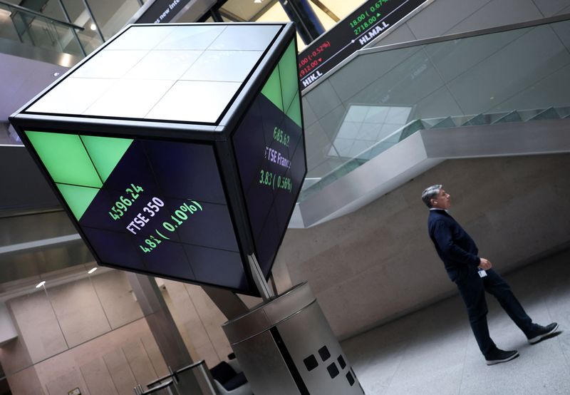 Financial markets data and information are displayed on screens inside the LSEG (London Stock Exchange Group) headquarters in Paternoster Square, London, Britain, April 25, 2025. REUTERS/Toby Melville