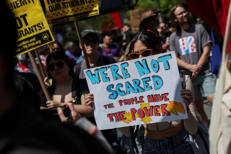Protestors gather to demonstrate during a May Day rally in New York City, U.S., May 1, 2025. REUTERS/Jeenah Moon