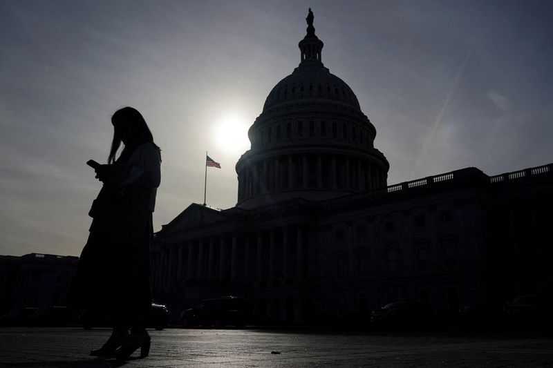 FILE PHOTO: A person uses a mobile phone with the U.S. Capitol building in the background, on Capitol Hill in Washington, U.S., November 13, 2024. REUTERS/Nathan Howard/File Photo