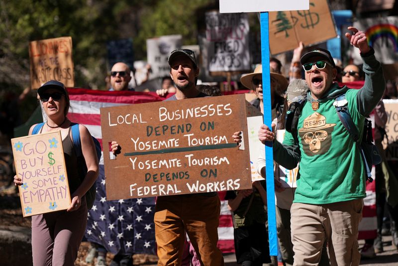 Protesters march at Yosemite against Trump cuts to National Park Service